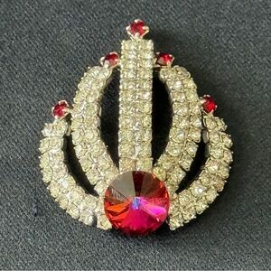 Vintage Watermelon Rivoli with red and clear Rhinestone Brooch Pin